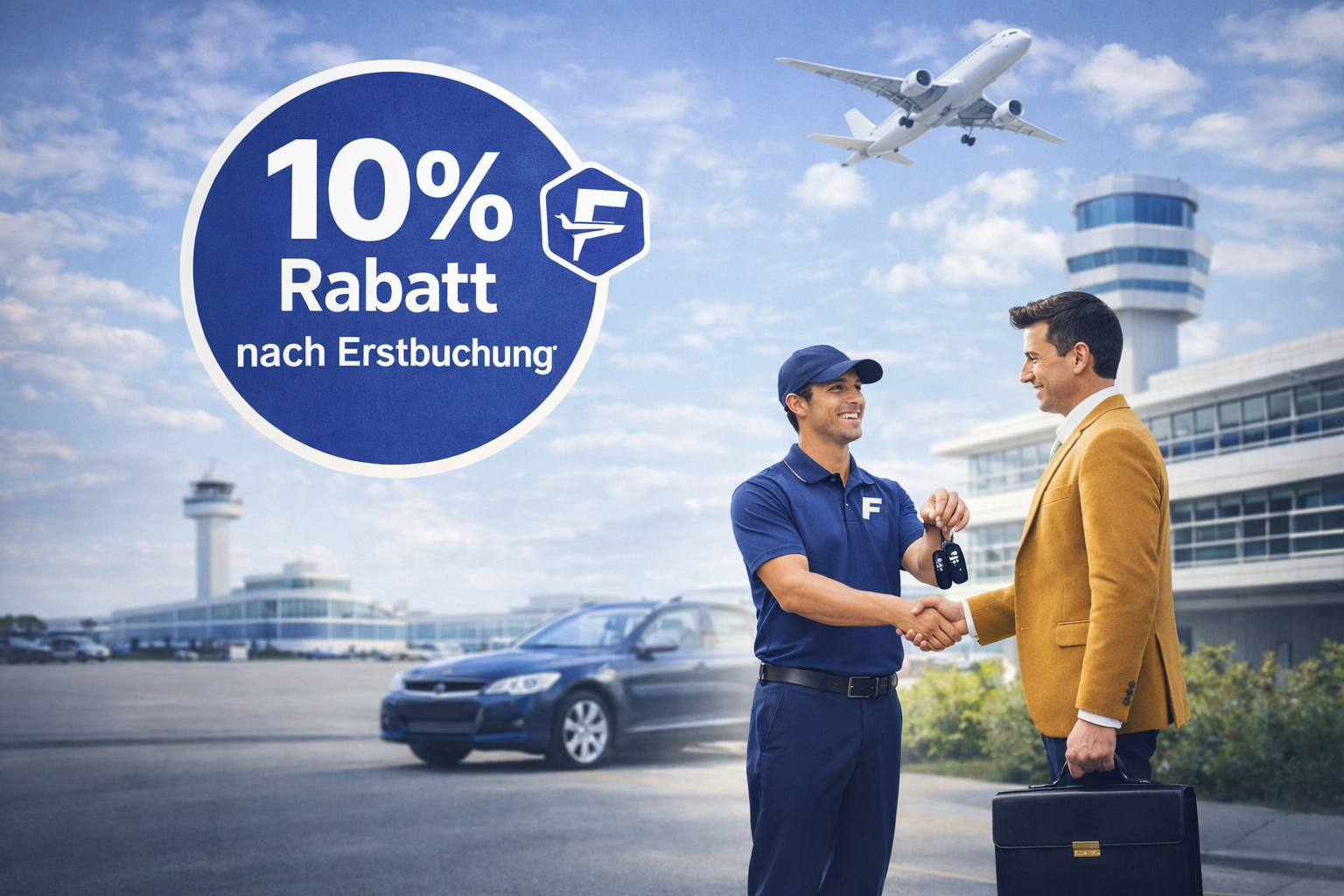 Grafik für Gutschein, die Kunden bei Ferien-Parken Stuttgart für die Erstbuchung über das Online-Tool erhalten. Der Gutschein für Parken am Flughafen Stuttgart beträgt 10% und wird nach erfolgreicher Buchung als Rabattcode per E-Mail geschickt.